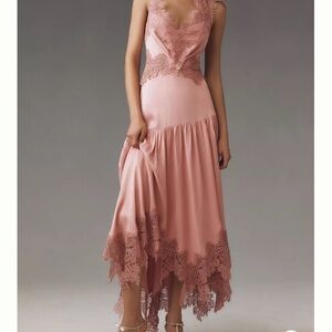BHLDN Pink Asymmetrical Ruched Slip Dress